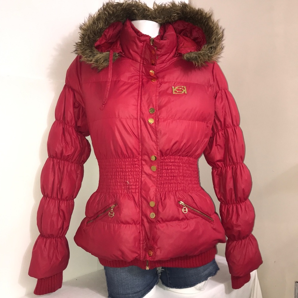 Bebe Cherry Red Bomber Puffer Gold Belted Jacket